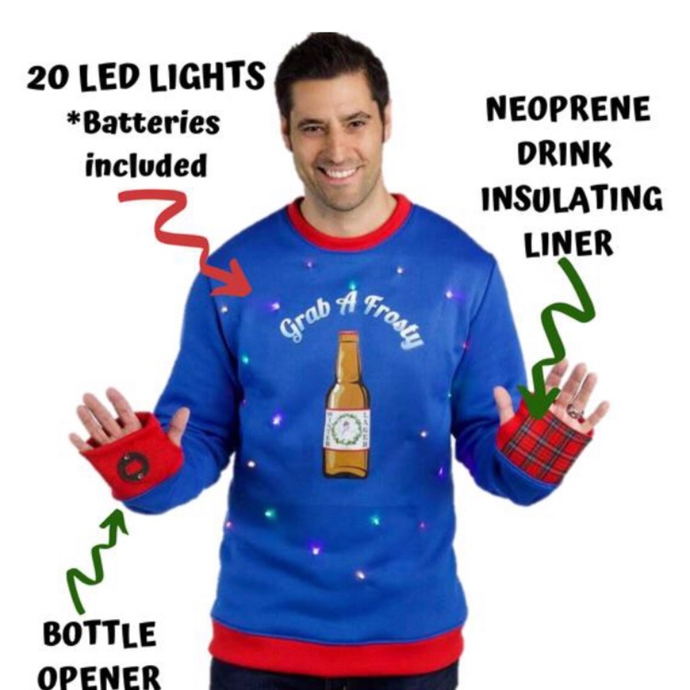 Beer Opener Ugly Sweater w/LED Lights & Koozie